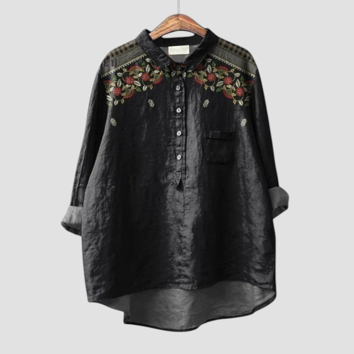 Carina | Camisa oversize negra con bordado floral para un estilo elegante y relajado