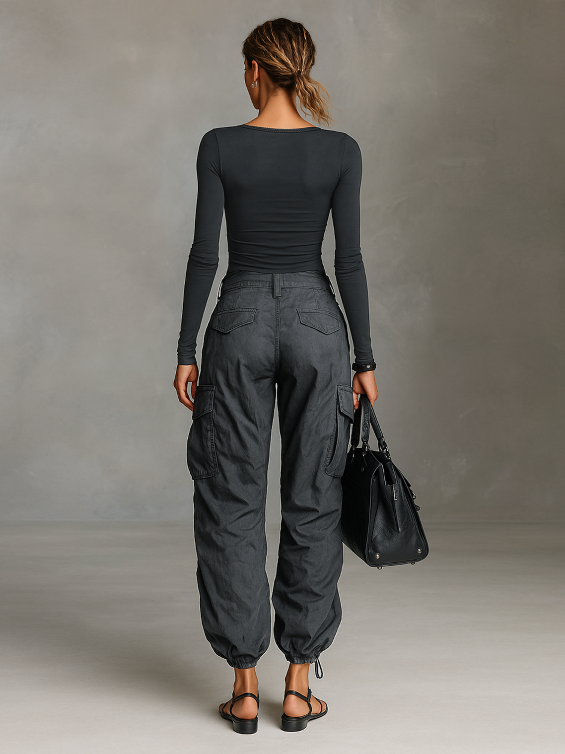 Two-Piece Set - Square Neck Tee Multi-Pocket Cargo Pants