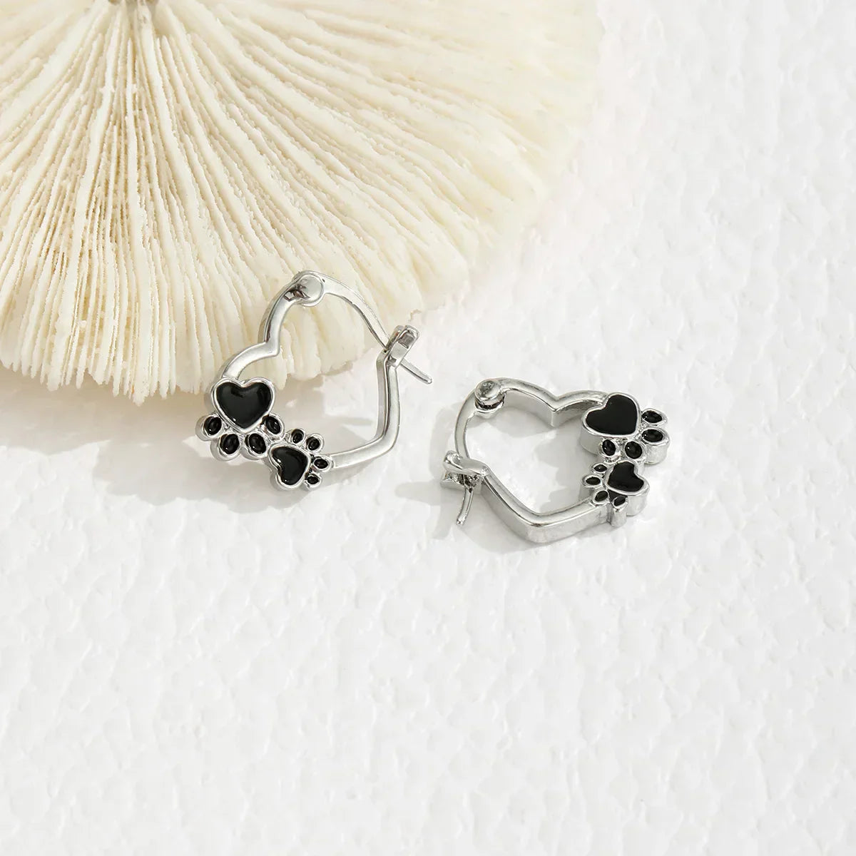 Huggie Earrings with Heart and Black Enamel