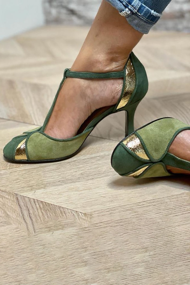 Taviana | Patchwork Heels with T-Strap and Closed Toe