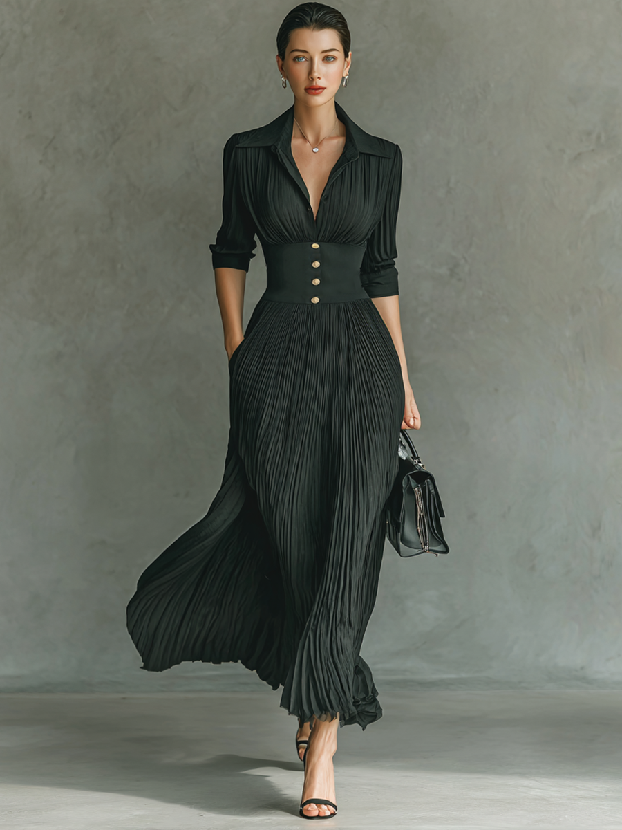 Maxi Dress - Long Sleeves, Notched Collar, Pleats