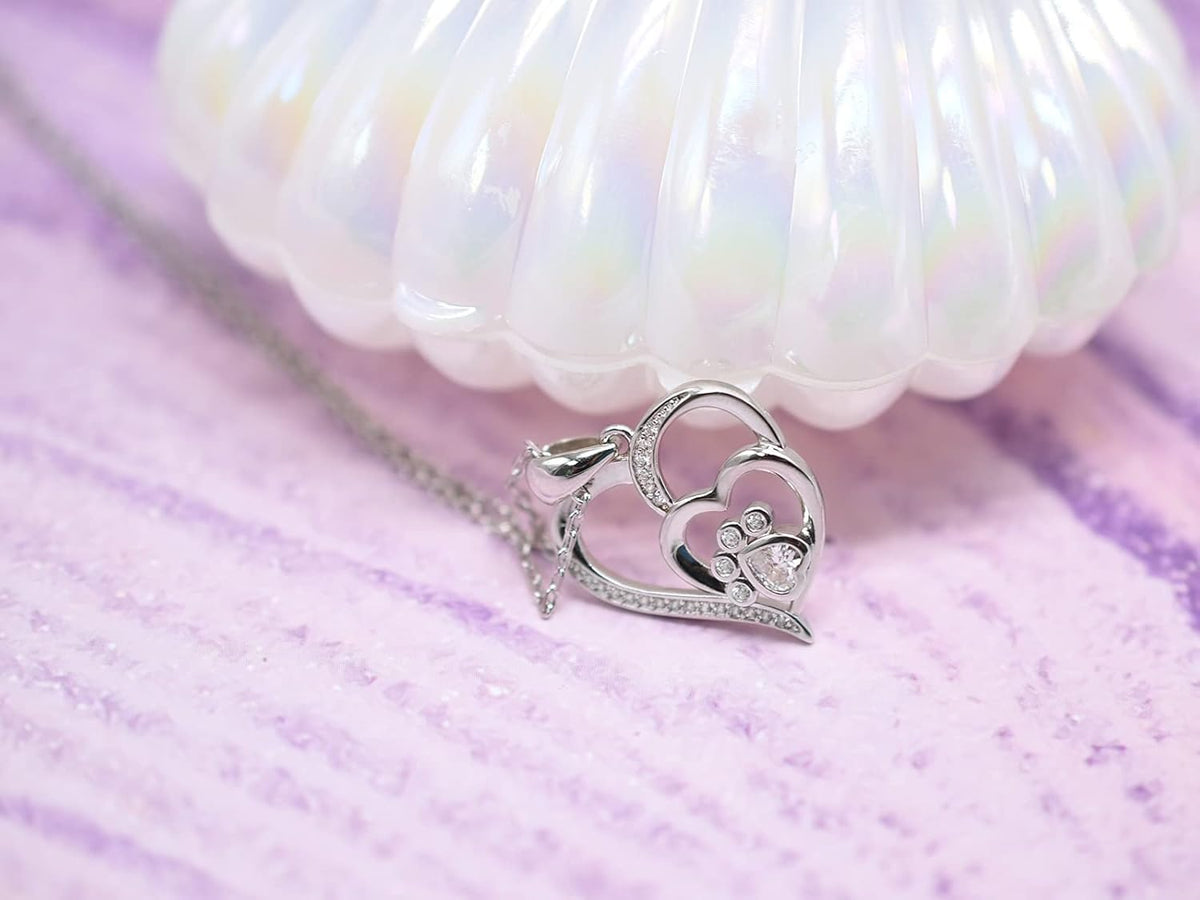 Sterling Silver Necklace with Paw and Heart with Zirconia