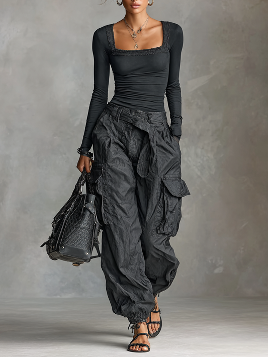 Two-Piece Set - Square Neck Tee Multi-Pocket Cargo Pants