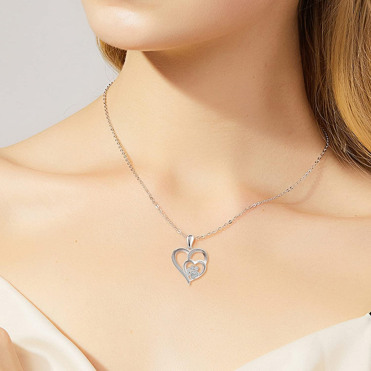 Sterling Silver Necklace with Paw and Heart with Zirconia