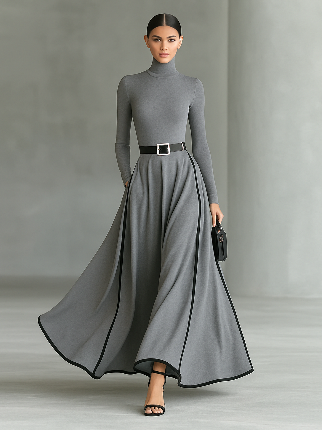 Black Maxi Dress - White Stitching, High Neck, Long Sleeves, Fitted Waist