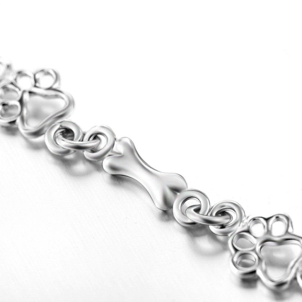 Bracelet with Dog Paw and Bone Charms in Silver