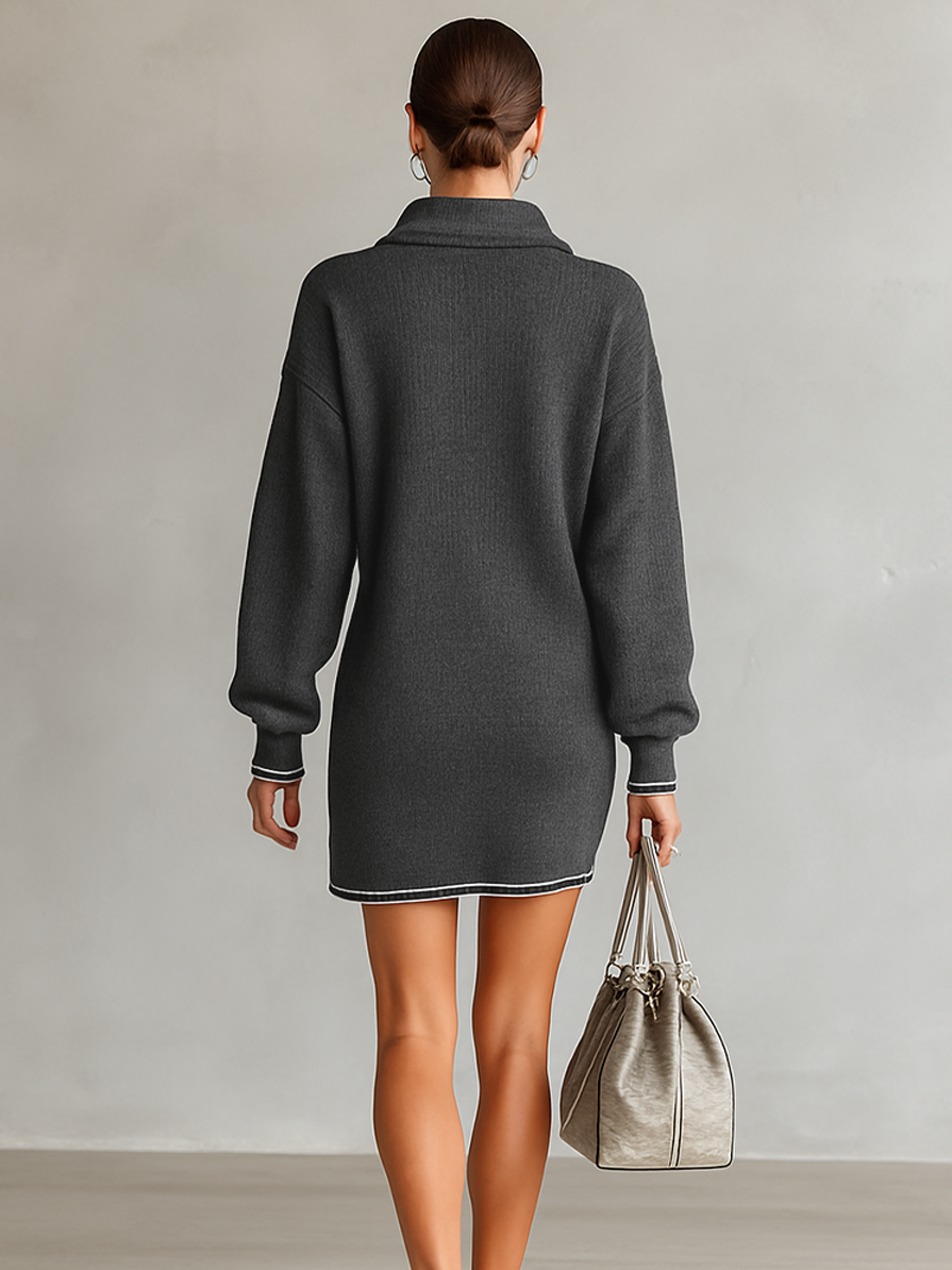 Mini Dress - Wide Knit Polo Collar