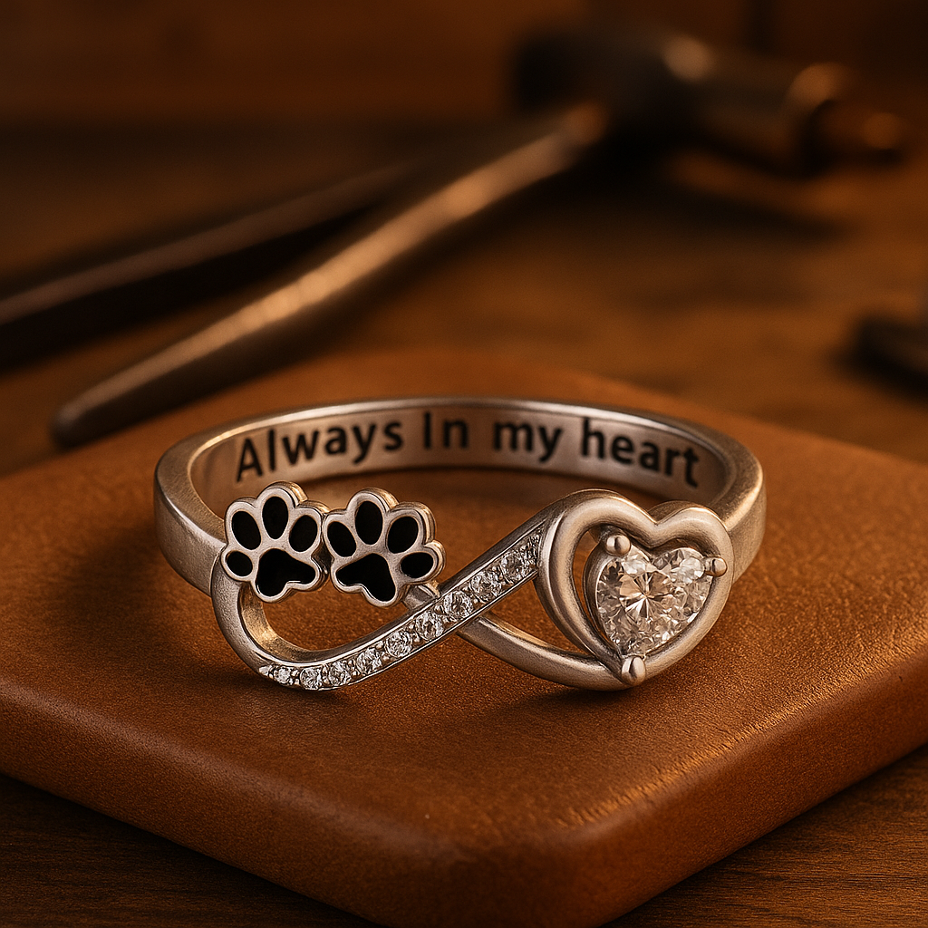Paw-shaped zirconia ring with heart and infinity design
