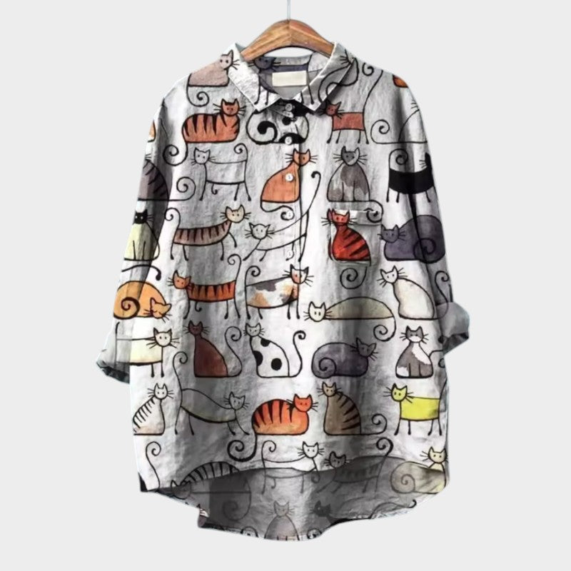LUCIANA | Oversized Blouse with Stylized Cats and Unique Comfort for Every Day