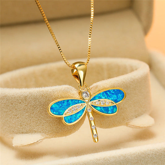 Collar de libélula en oro con ópalo
