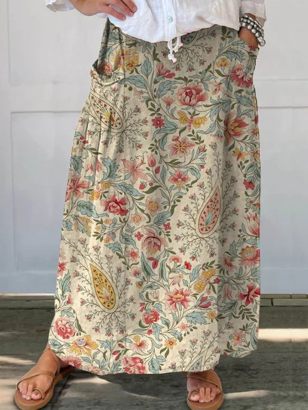 Women's Vintage Floral Art Printed Linen Pocket Skirt