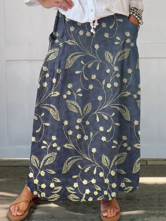 Falda de lino con cintura elástica y bolsillos con diseño floral retro para mujer