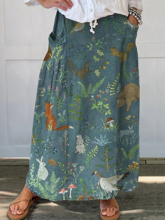 Falda informal de lino con bolsillos y estampado floral retro para mujer