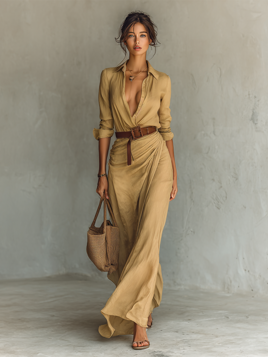 Maxi Dress - Notched Collar and Belt