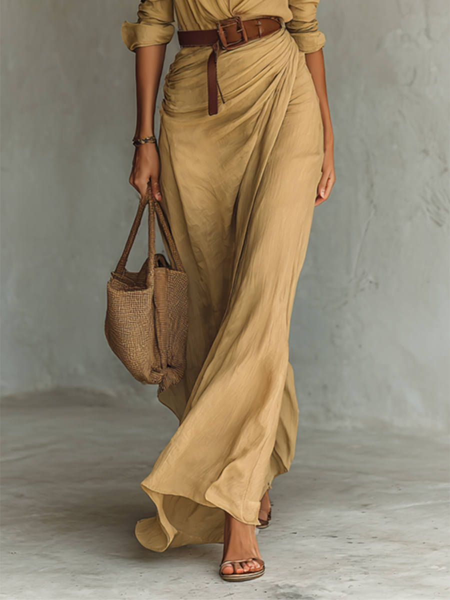 Maxi Dress - Notched Collar and Belt