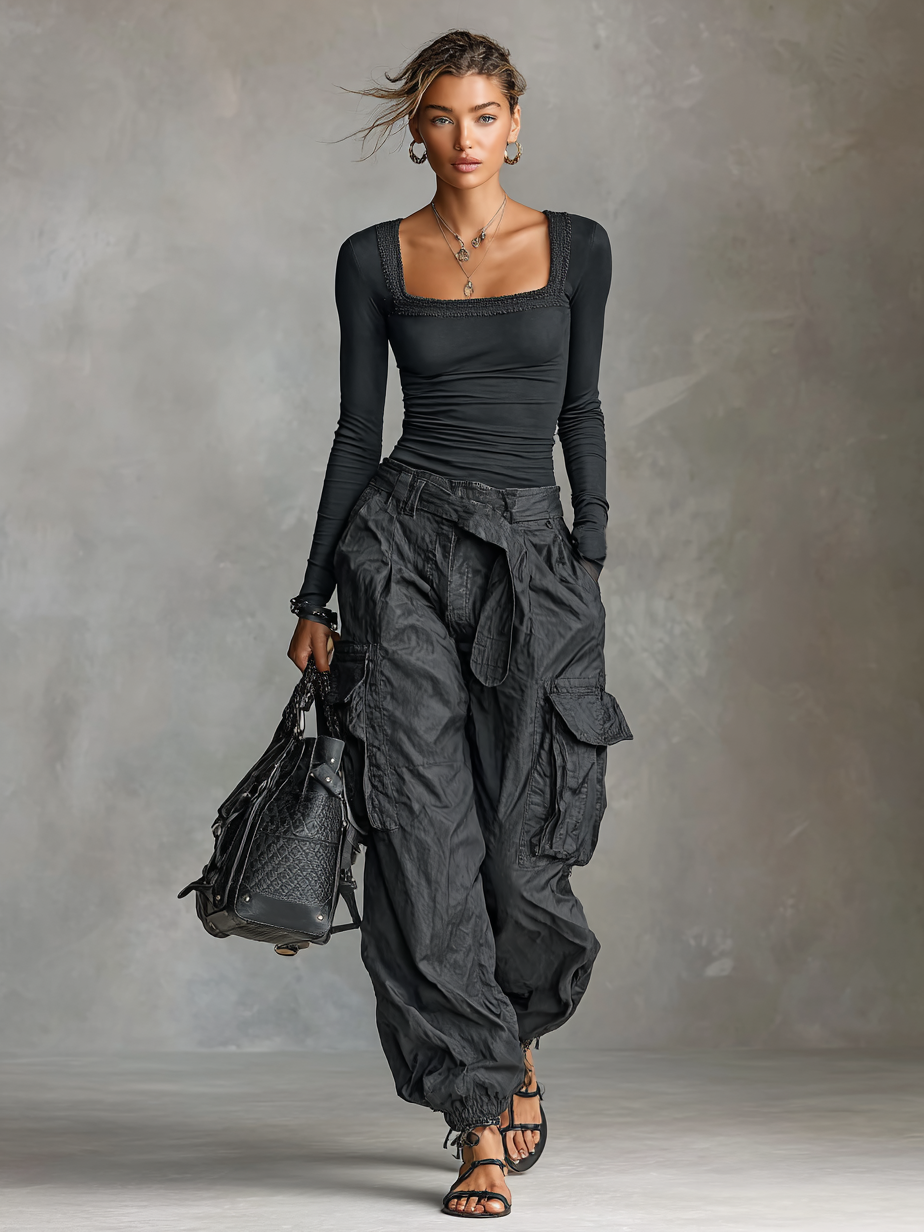 Two-Piece Set - Square Neck Tee Multi-Pocket Cargo Pants